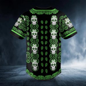 Doodle Floral Pattern Of Green Sugar Skull Baseball Jersey Back