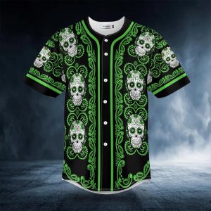 Doodle Floral Pattern Of Green Sugar Skull Baseball Jersey Front