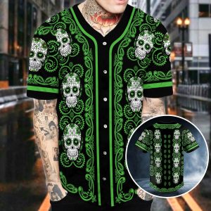 Doodle Floral Pattern Of Green Sugar Skull Baseball Jersey Men