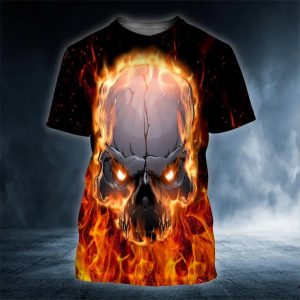 Face To Face With Fire Skull 3D T Shirt, Skull T Shirts Mens