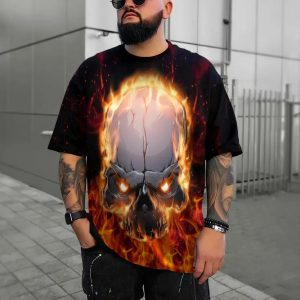 Face To Face With Fire Skull 3D T Shirt, Skull T Shirts Mens