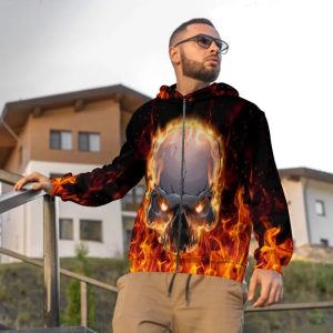 Face To Face With Fire Skull 3D Zip Hoodie