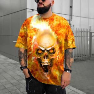 Flaming Pile Skull 3D T Shirt, Skull T Shirts Mens