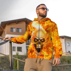 Flaming Pile Skull 3D Zip Hoodie