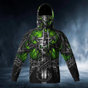 Green Eyes Ox Horn Skull 3D Bandana Hoodie