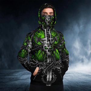 Green Eyes Ox Horn Skull 3D Bandana Hoodie