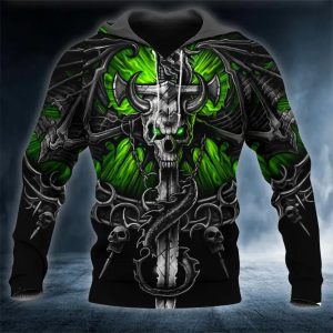 Green Eyes Ox Horn Skull 3D Hoodie