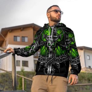 Green Eyes Ox Horn Skull 3D Hoodie