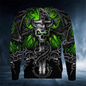 Green Eyes Ox Horn Skull 3D Sweatshirt Back