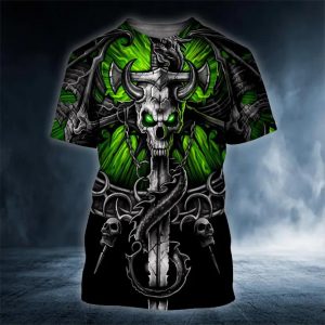 Green Eyes Ox Horn Skull 3D T Shirt, Skull T Shirts Mens