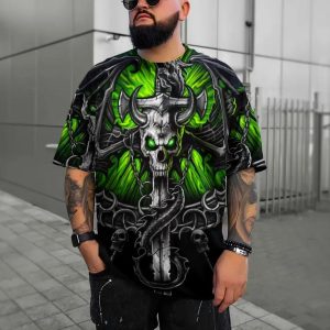 Green Eyes Ox Horn Skull 3D T Shirt, Skull T Shirts Mens