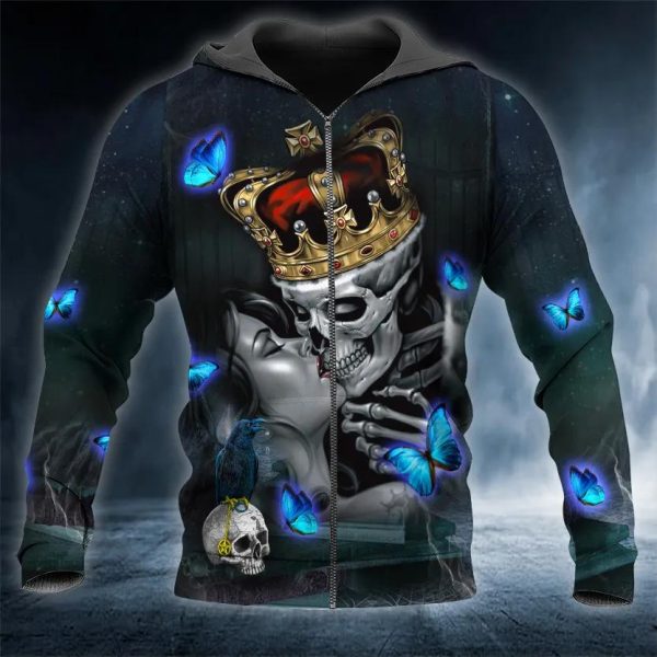 King And Queen Kissing Skull 3D Zip Hoodie