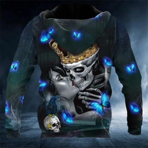 King And Queen Kissing Skull 3D Zip Hoodie Back