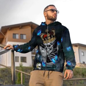 King And Queen Kissing Skull 3D Zip Hoodie Men