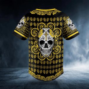 Paisley Pattern Of Yellow Sugar Skull Head Baseball Jersey Back