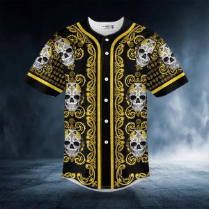 Paisley Pattern Of Yellow Sugar Skull Head Baseball Jersey Front