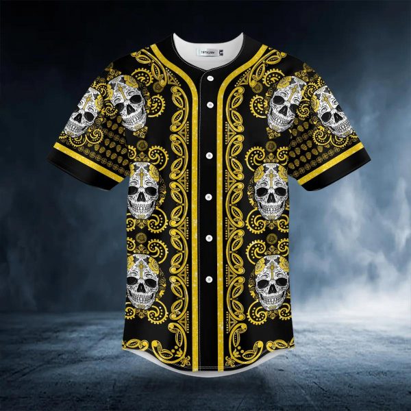 Paisley Pattern Of Yellow Sugar Skull Head Baseball Jersey