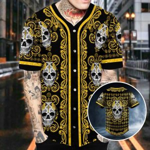 Paisley Pattern Of Yellow Sugar Skull Head Baseball Jersey Men