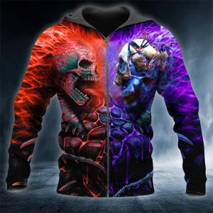 Red Purple War Skull 3D Zip Hoodie