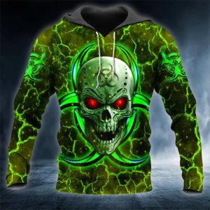 Biohazard Symbol Green Flame Skull 3D Hoodie