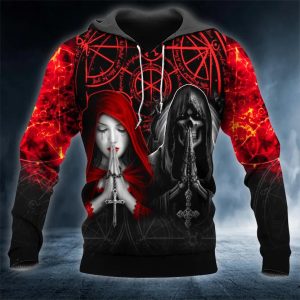 Black Red Gothic Prayer Skull 3D Hoodie