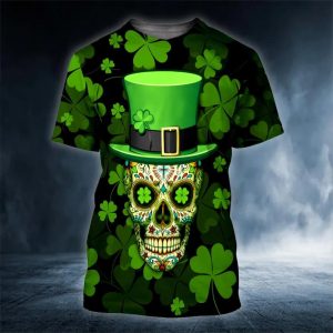 Funny 4 Leaf Clover Patricks Day Sugar Skull 3D T Shirt