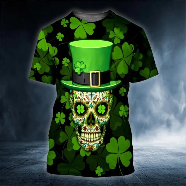 Funny 4-Leaf Clover Patrick’s Day Sugar Skull 3D T Shirt, Skull T Shirts Mens