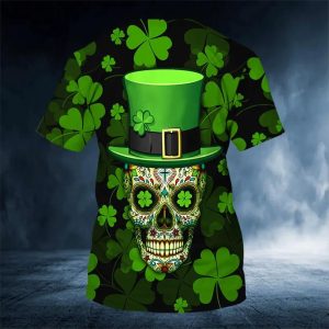 Funny 4 Leaf Clover Patricks Day Sugar Skull 3D T Shirt Back