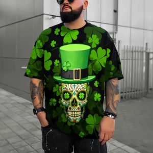 Funny 4 Leaf Clover Patricks Day Sugar Skull 3D T Shirt Men