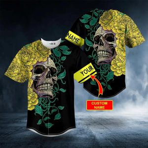 Yellow Green Floral Sugar Skull Custom Baseball Jersey 1