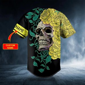 Yellow Green Floral Sugar Skull Custom Baseball Jersey 2