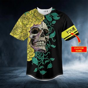 Yellow Green Floral Sugar Skull Custom Baseball Jersey 3