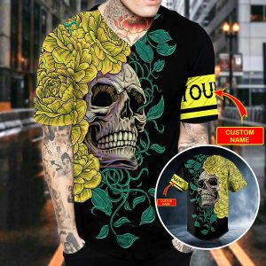 Yellow Green Floral Sugar Skull Custom Baseball Jersey 4